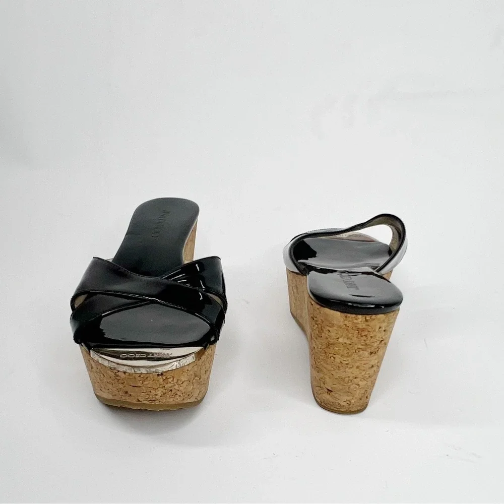 JIMMY CHOO Black Pandora Patent Leather Cork Wedge Platform Sandals 7 (37)